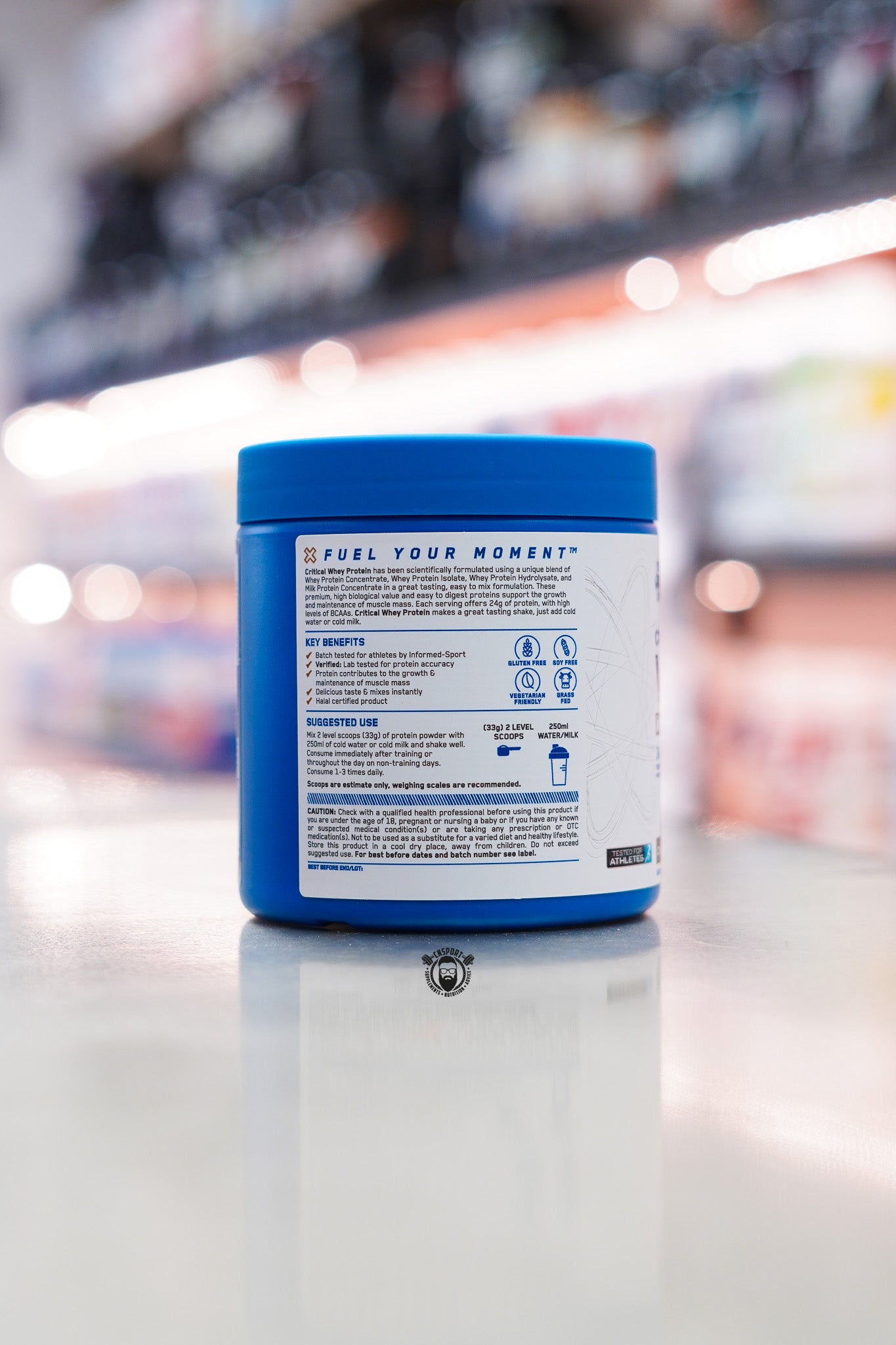Rear panel of the Applied Nutrition Critical Whey 132g Chocolate Milkshake sample tub showing nutrition information, ingredients and barcode.
