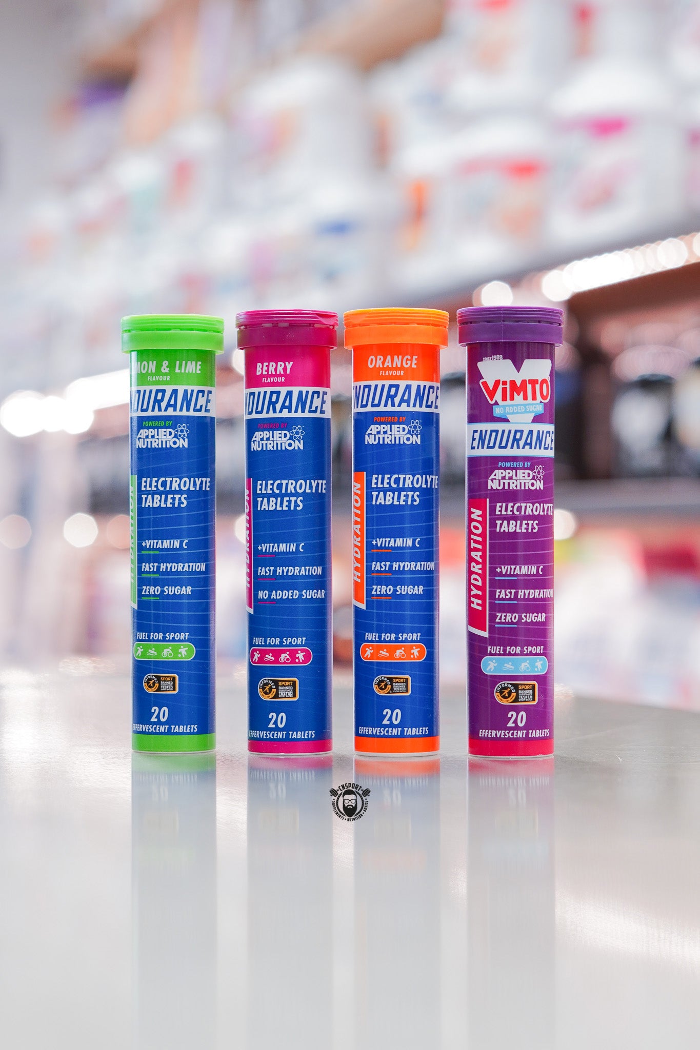 Applied Nutrition Endurance Electrolyte Tablets range showing Lemon & Lime, Berry, Orange and Vimto flavours.