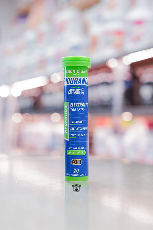 Applied Nutrition Endurance Electrolyte Tablets Lemon & Lime flavour tube with 20 effervescent hydration tablets.
