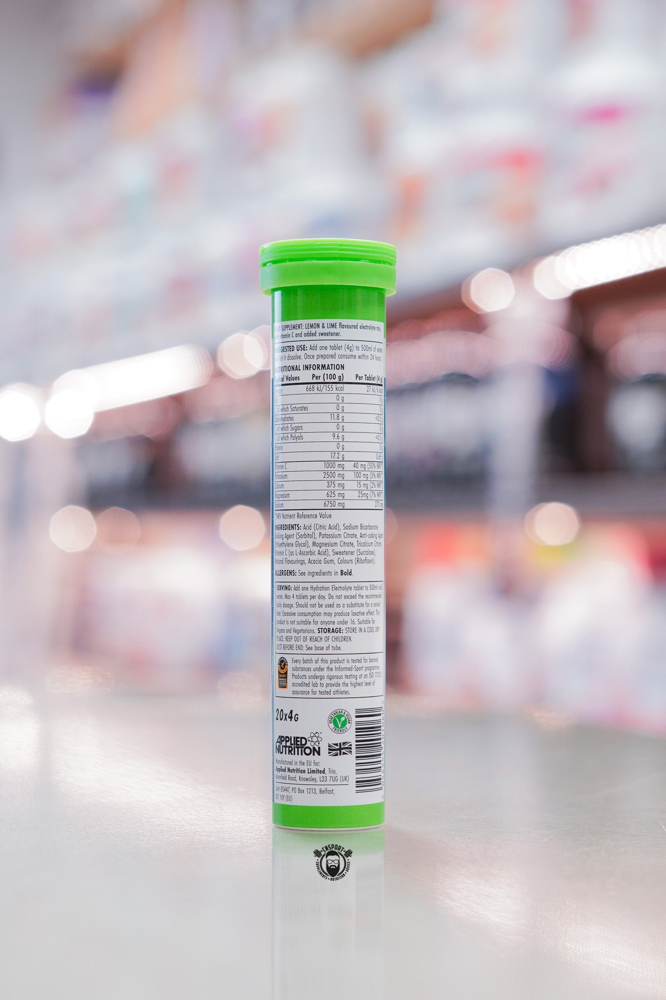 Applied Nutrition Endurance Electrolyte Tablets Lemon & Lime flavour tube showing nutrition and ingredient information.