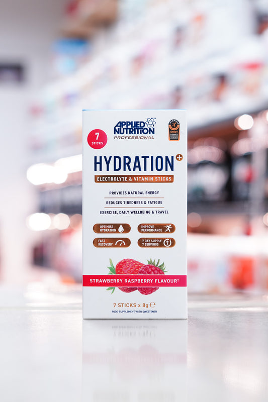 Front of the Applied Nutrition Hydration+ box in Strawberry Raspberry flavour, highlighting key benefits such as natural energy, fatigue reduction, and hydration, with icons for hydration, recovery, performance, and a 7-day supply.