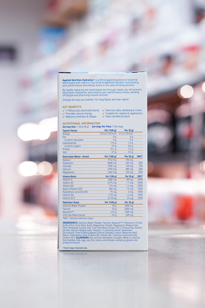 Close-up of the nutritional information panel on a box of Applied Nutrition Hydration+ Strawberry Raspberry flavour, listing electrolyte blend, vitamin blend, hydration stack, and ingredients per serving and per 100g.