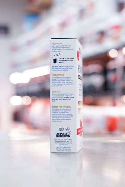 Side view of the Applied Nutrition Hydration+ box displaying directions for use, mixing instructions, storage guidelines, and precautionary information.