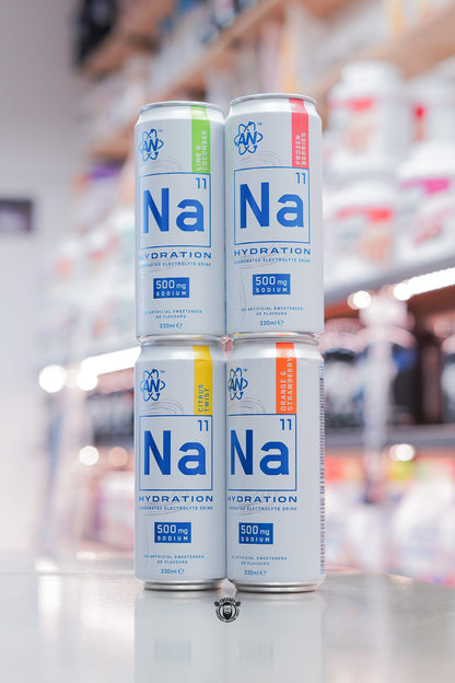 Group of four Applied Nutrition Na11 Hydration cans stacked in a pyramid, showing multiple flavours with clean white and blue branding