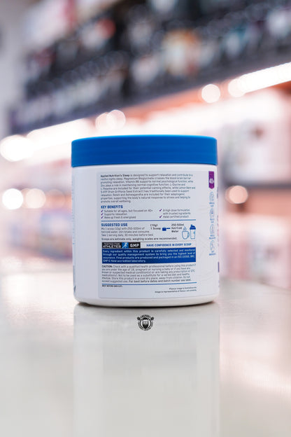 Rear label of Applied Nutrition Sleep Mixed Berry showing nutritional information, ingredients, directions for use and manufacturer details.