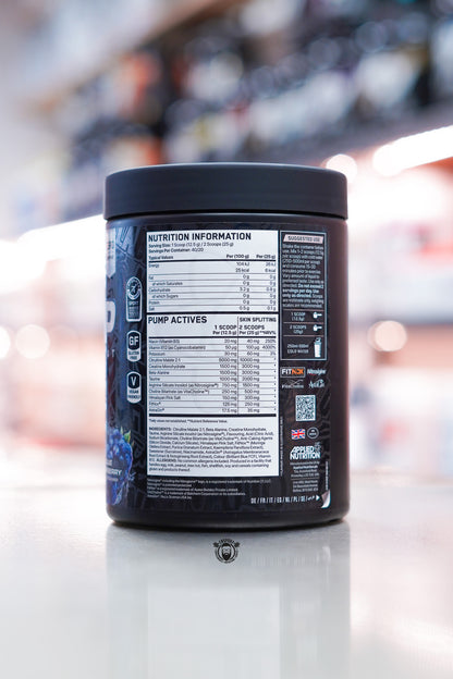 Applied Nutrition ABE Pump pre-workout tub showing nutrition information and pump actives panel, Blue Razz flavour.