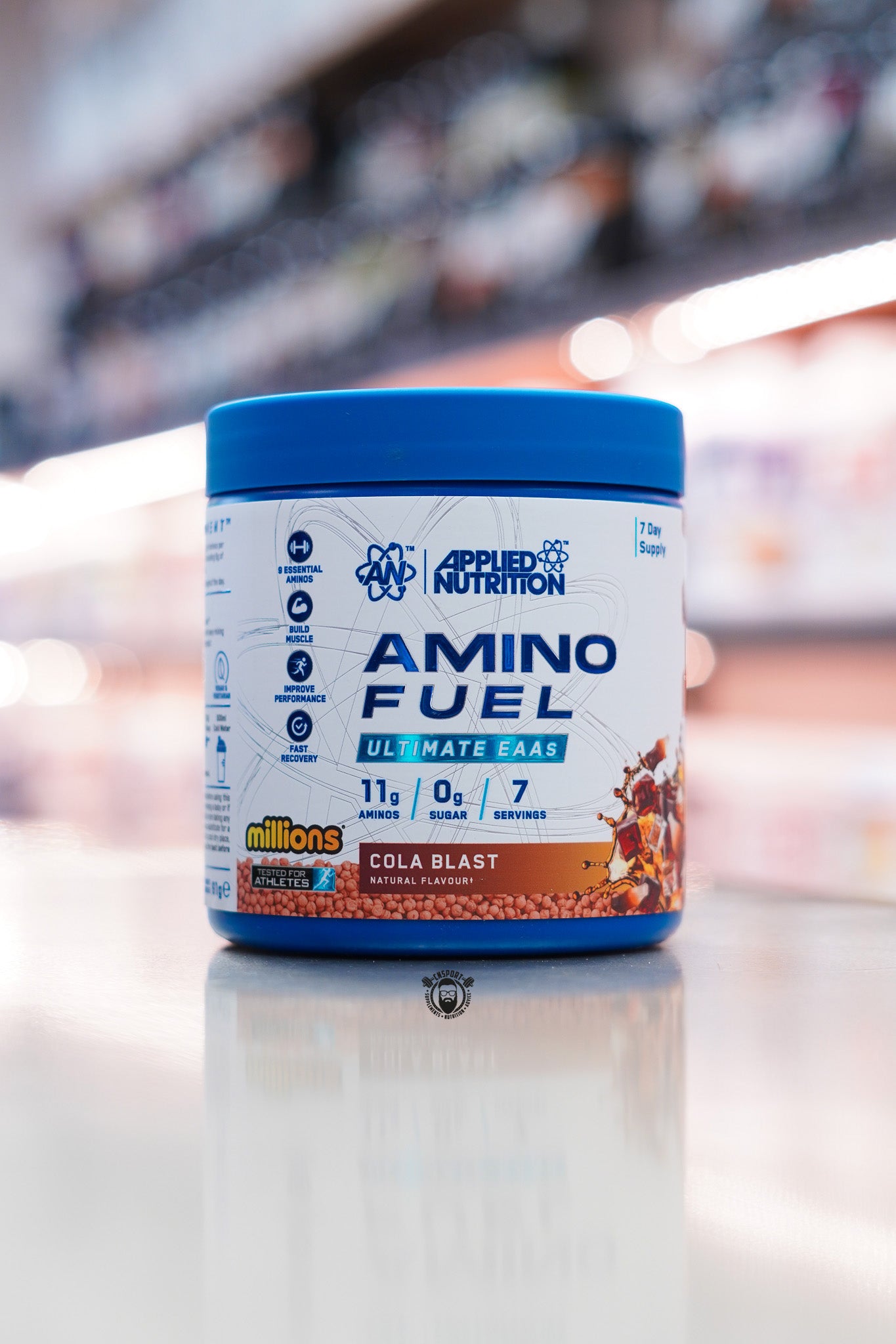 Applied Nutrition Amino Fuel Ultimate EAAs Cola Blast flavour, 7-serving amino acid supplement with 11g amino acids and 0g sugar per serving.