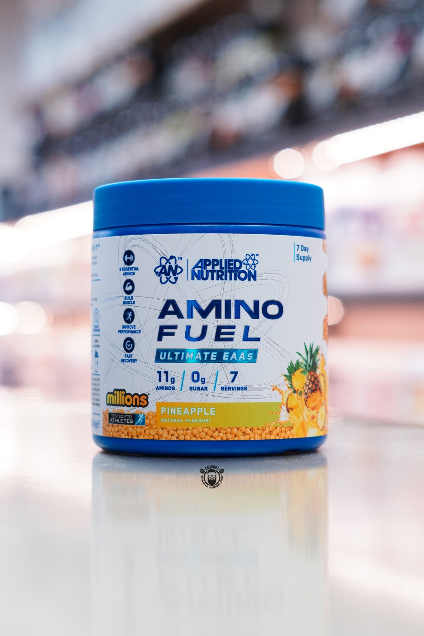 Applied Nutrition Amino Fuel Ultimate EAAs Pineapple flavour, 7-serving essential amino acid supplement designed to support recovery, muscle building and performance.