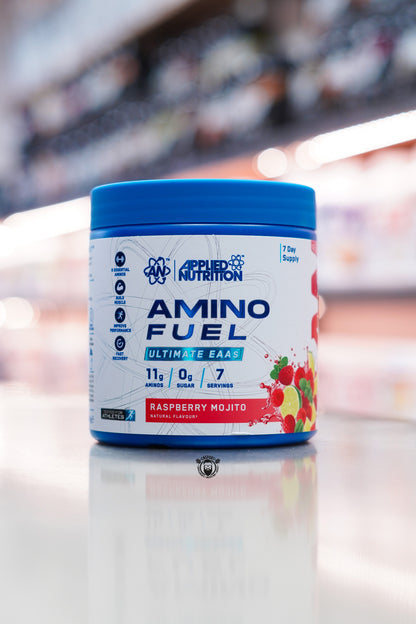 Applied Nutrition Amino Fuel Ultimate EAAs Raspberry Mojito flavour, 7-serving EAA supplement delivering 11g amino acids and 0g sugar per serving.