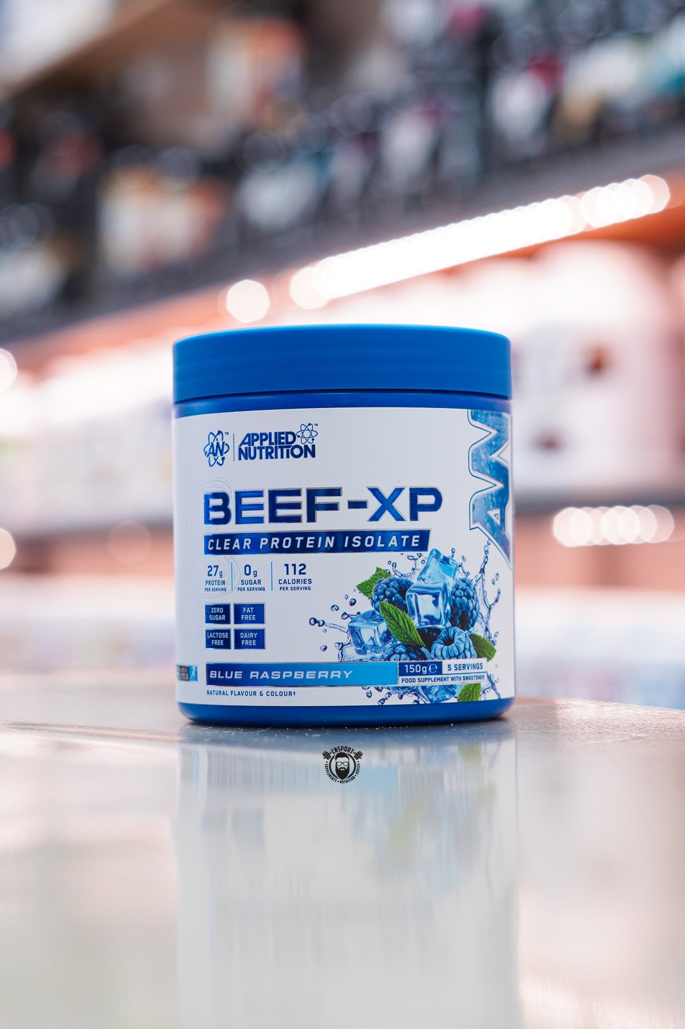 Applied Nutrition Beef-XP Clear Protein Isolate 150g in Blue Raspberry flavour, providing 27g protein per serving, zero sugar and 5 servings.