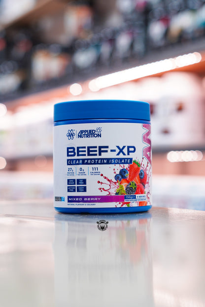 Applied Nutrition Beef-XP Clear Protein Isolate 150g in Mixed Berry flavour, providing 27g protein per serving, zero sugar and 5 servings.