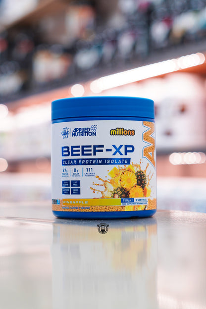 Applied Nutrition Beef-XP Clear Protein Isolate 150g in Blackcurrant Millions flavour, providing 27g protein per serving, zero sugar and 5 servings.