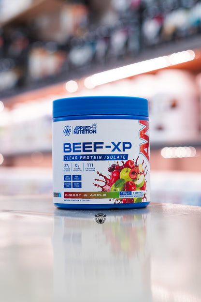 Applied Nutrition Beef-XP Clear Protein Isolate 150g in Cherry & Apple flavour, providing 27g protein per serving, zero sugar and 5 servings.