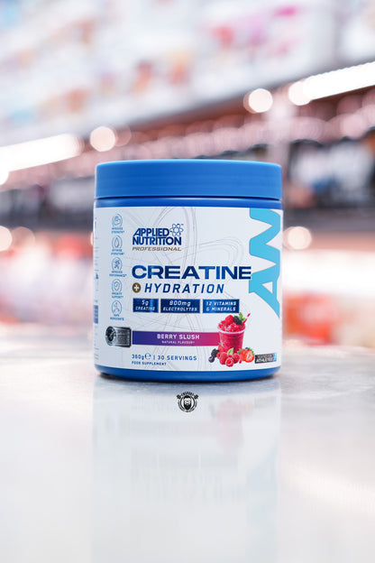 Applied Nutrition Creatine + Hydration supplement in Berry Slush flavour, 360g tub with 30 servings, showing front label highlighting 5g creatine, 800mg electrolytes, 12 vitamins and 6 minerals.