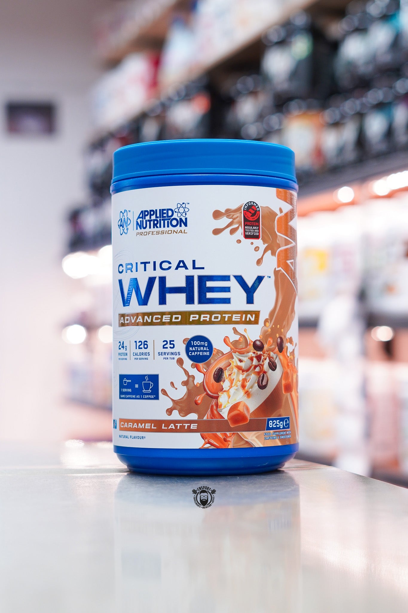 Applied Nutrition Critical Whey Advanced Protein Caramel Latte flavour, 25-serving whey protein with 24g protein and 100mg natural caffeine per serving.