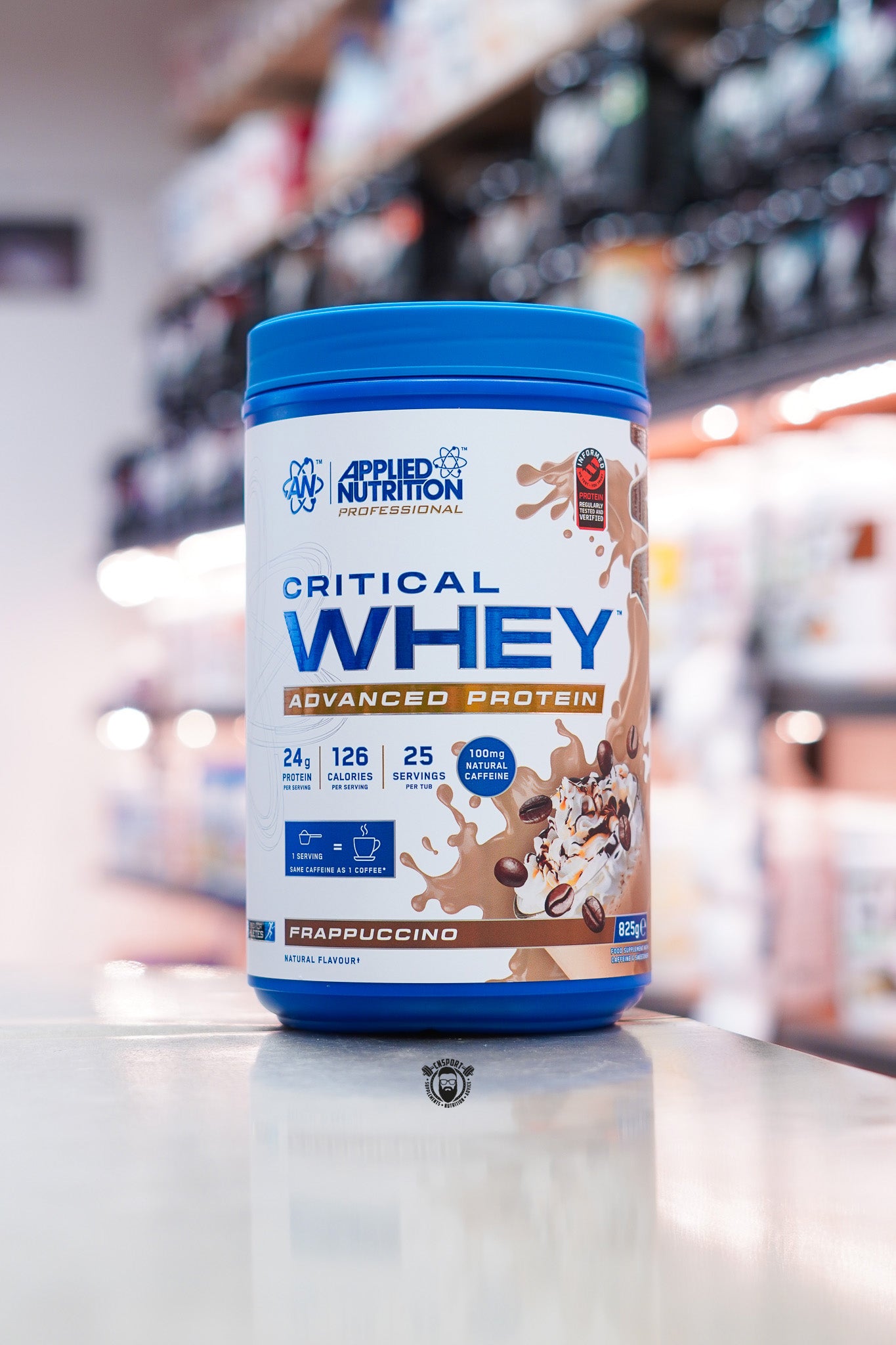 Applied Nutrition Critical Whey Advanced Protein Frappuccino flavour, 25-serving whey protein with 24g protein and 100mg natural caffeine per serving.