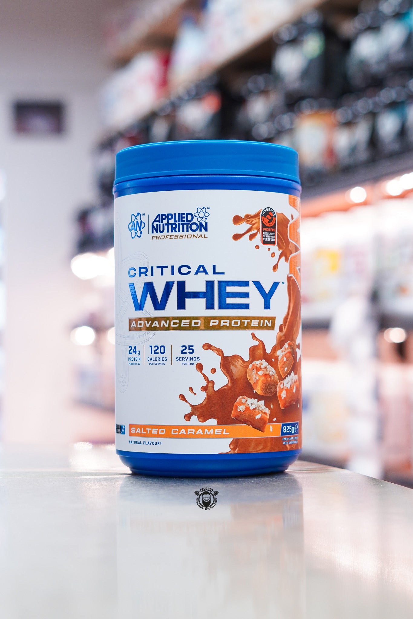 Applied Nutrition Critical Whey Advanced Protein Salted Caramel flavour, 25-serving whey protein blend delivering 24g protein per serving.