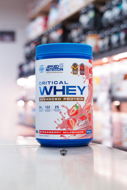 Applied Nutrition Critical Whey Advanced Protein Strawberry Milkshake flavour, 25-serving whey protein blend providing 24g protein per serving.