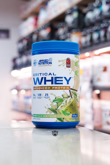 Applied Nutrition Critical Whey Advanced Protein Vanilla Matcha flavour, 25-serving whey protein blend providing 24g protein per serving.