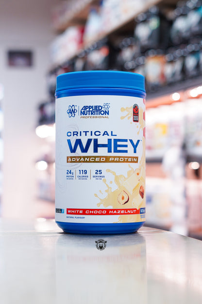 Applied Nutrition Critical Whey Advanced Protein White Choco Hazelnut flavour, 25-serving whey protein blend providing 24g protein per serving.