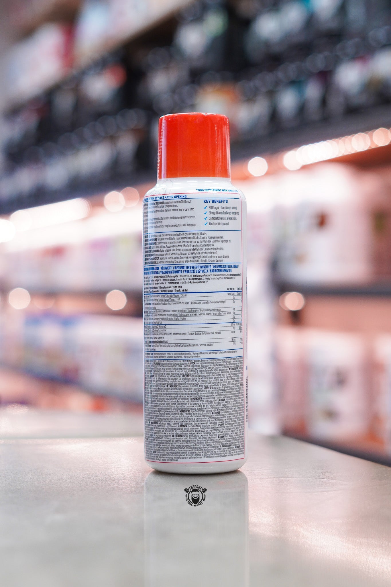 Back view of Applied Nutrition L-Carnitine Liquid 3000 Fruit Burst bottle showing the nutrition, ingredients and product information panel.
