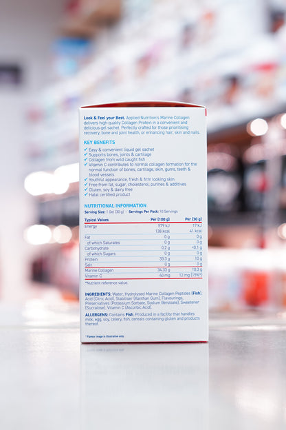Back of the box showing nutritional information, key benefits, ingredients, and allergen information for Marine Collagen Liquid in Strawberry Raspberry flavour.
