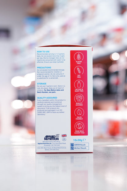 Side of the box with usage instructions, precautions, storage details, and product quality icons.