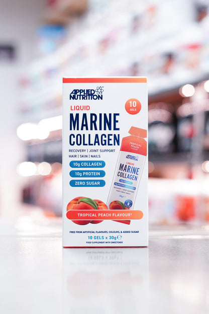 Front of the box showing product name, flavour, collagen and protein content, and imagery of peaches.