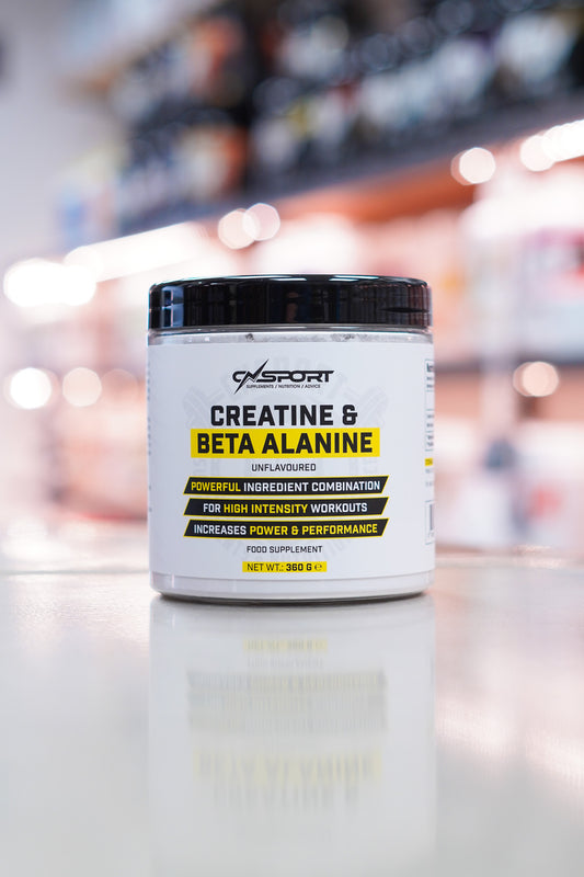 CNSport Creatine & Beta Alanine unflavoured powder tub, 360g, displayed on supplement store counter.