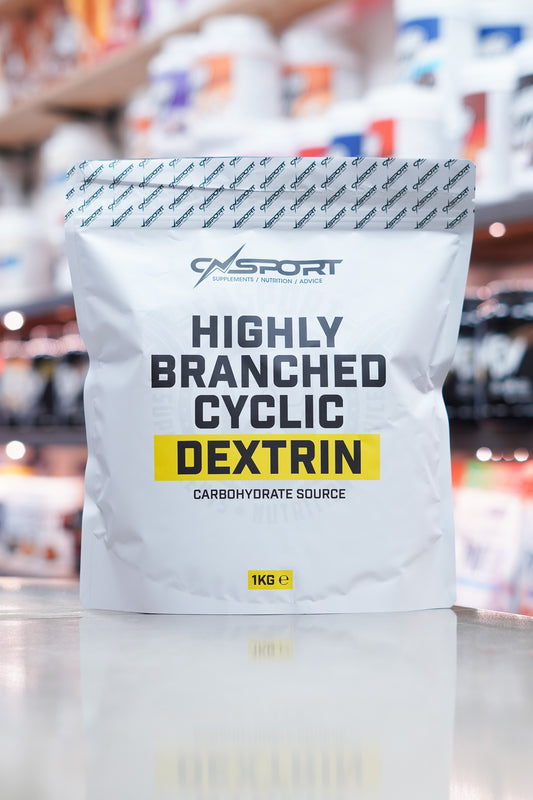 Front product image of CNSport Highly Branched Cyclic Dextrin 1kg with sharp focus on the brand logo and packaging details.