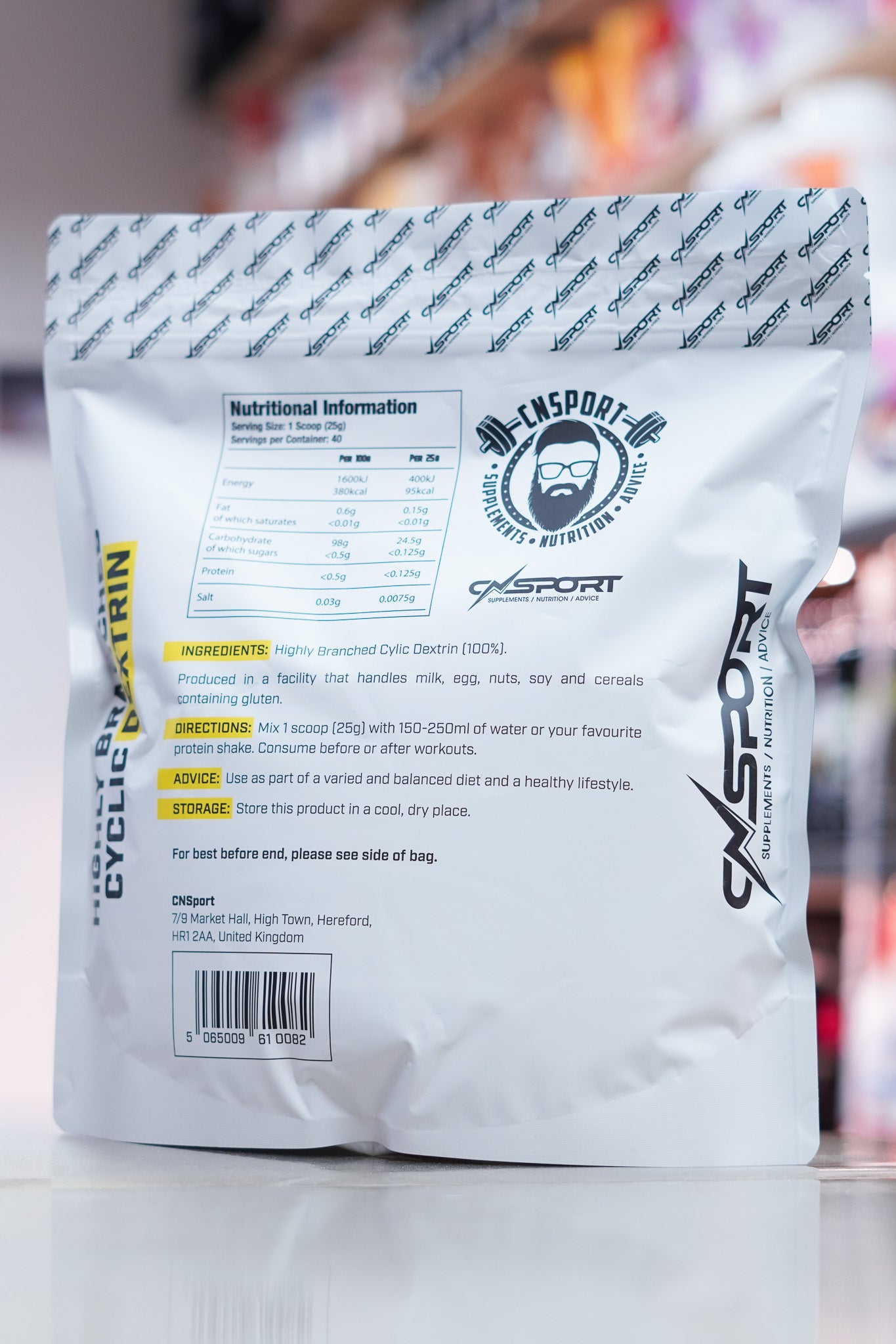Back view of CNSport Highly Branched Cyclic Dextrin 1kg pouch showing full nutritional breakdown, ingredient list, usage directions, and barcode.