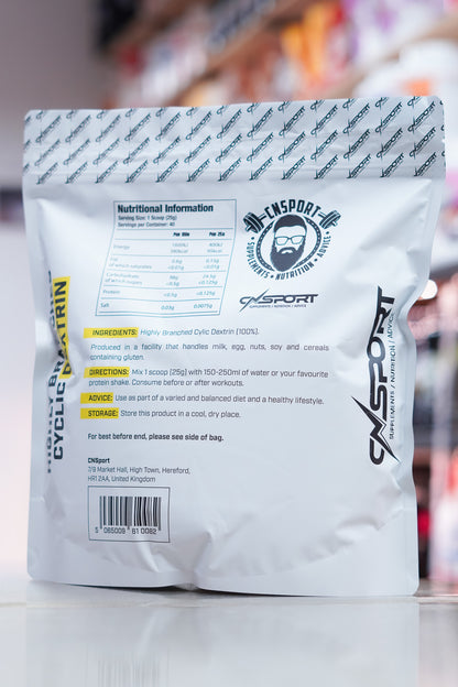 Back view of CNSport Highly Branched Cyclic Dextrin 1kg pouch showing full nutritional breakdown, ingredient list, usage directions, and barcode.
