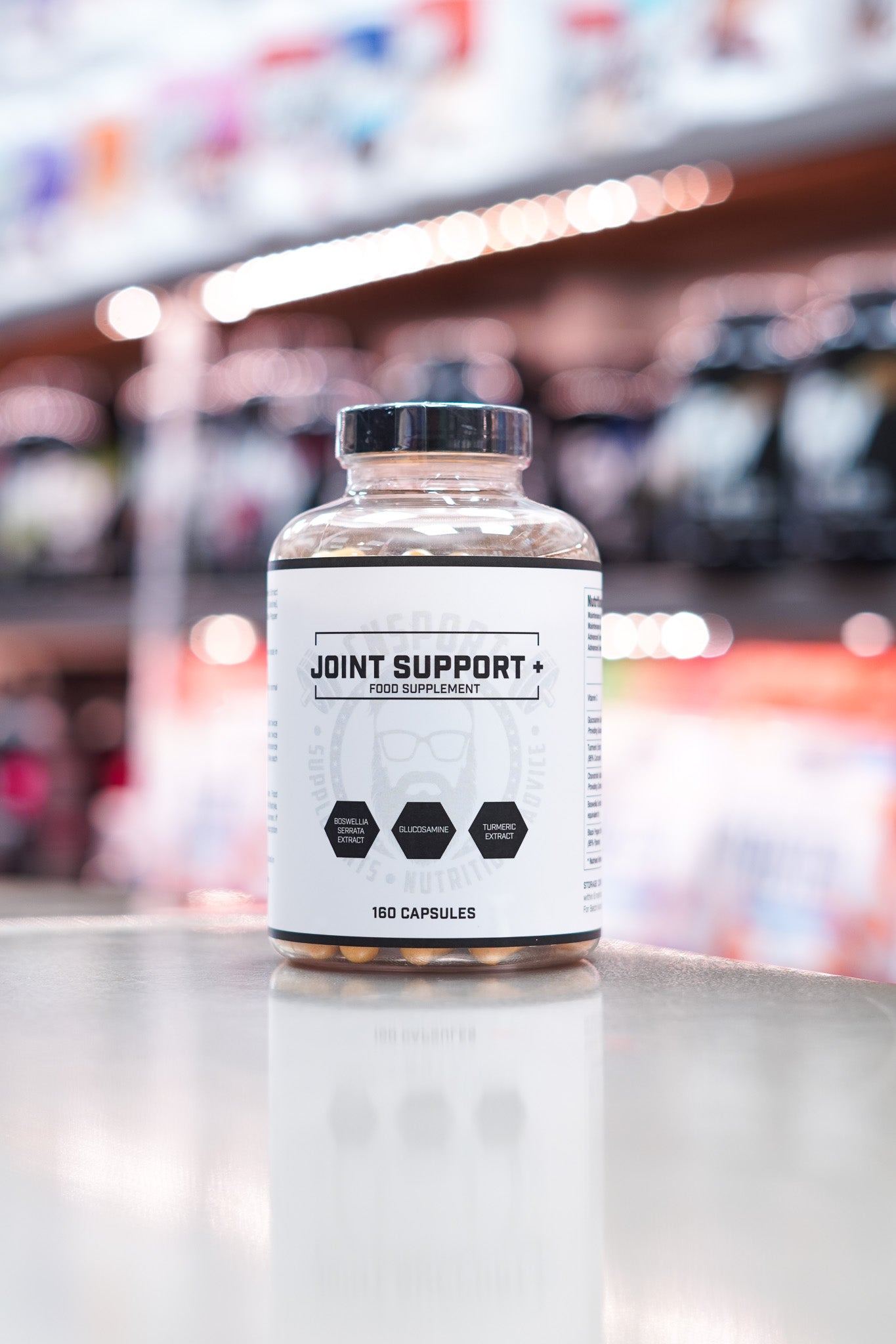 Front-facing image of CNSport Joint Support+ bottle highlighting Boswellia Serrata Extract, Glucosamine, and Turmeric Extract as key ingredients.