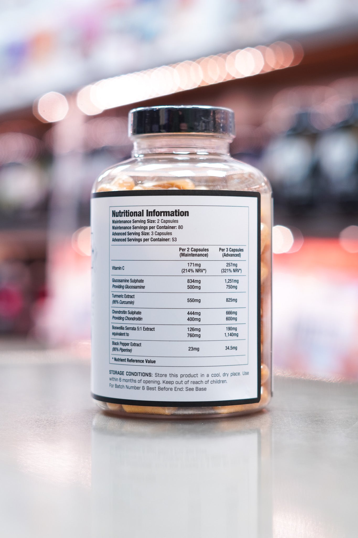 Close-up of CNSport Joint Support+ label showing detailed nutritional information, serving sizes, and active ingredient dosages.
