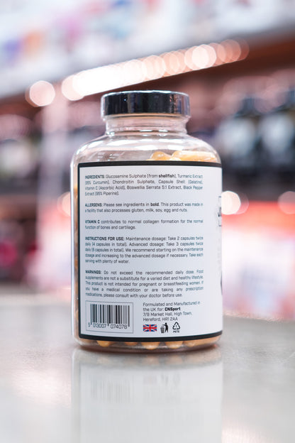 Side view of CNSport Joint Support+ supplement displaying full ingredients list, allergen information, usage directions, and manufacturer details.