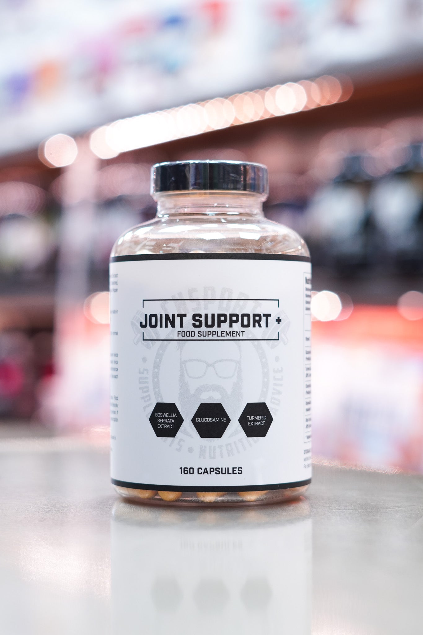 Front angle view of CNSport Joint Support+ supplement with clear label and bearded logo design in the background.