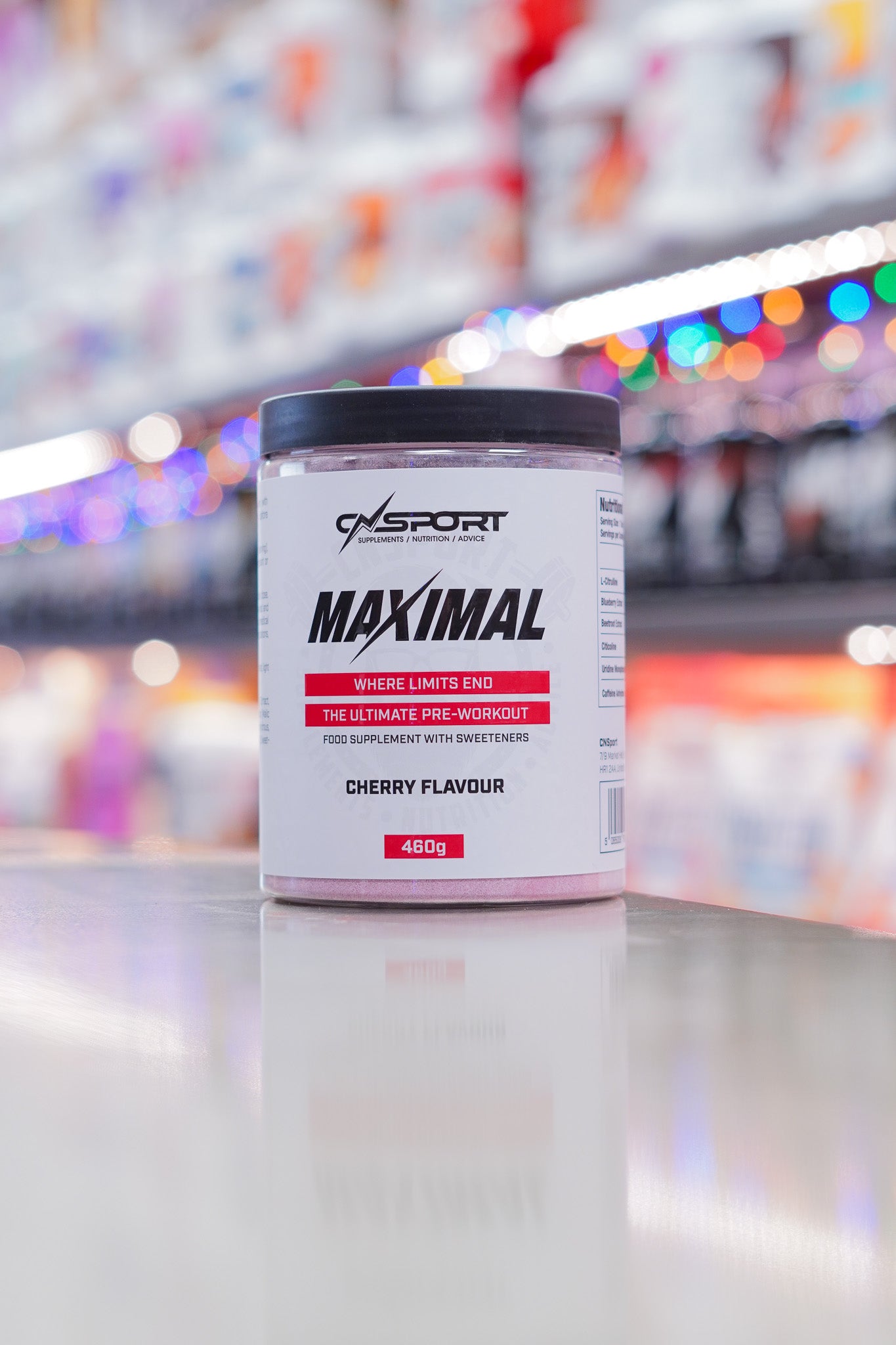 CNSport Maximal Pre-Workout Cherry flavour tub on countertop, ultimate high-stimulant pre-workout supplement, 460g container.