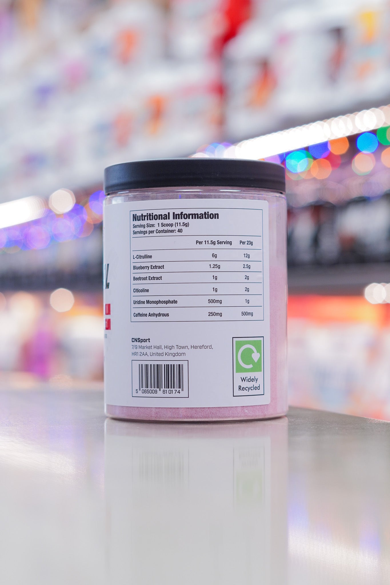 CNSport Maximal Pre-Workout Cherry flavour nutrition information panel showing ingredients, serving size, and supplement facts.