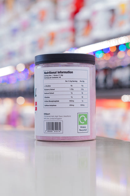 CNSport Maximal Pre-Workout Cherry flavour nutrition information panel showing ingredients, serving size, and supplement facts.