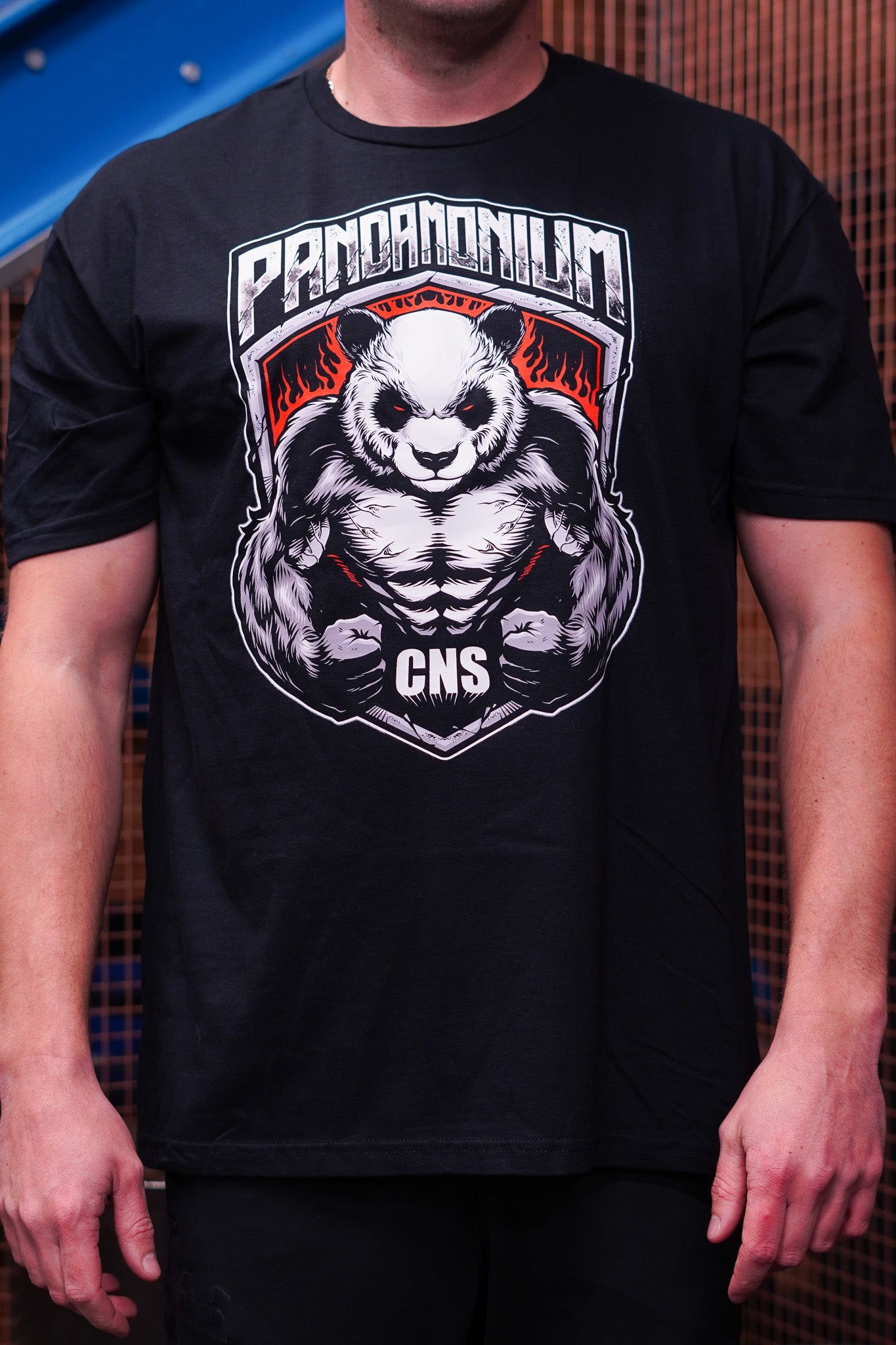 A person wearing a black Pandamonium T-shirt displaying a large muscular panda graphic with red flame accents beneath the bold ‘PANDAMONIUM’ logo.