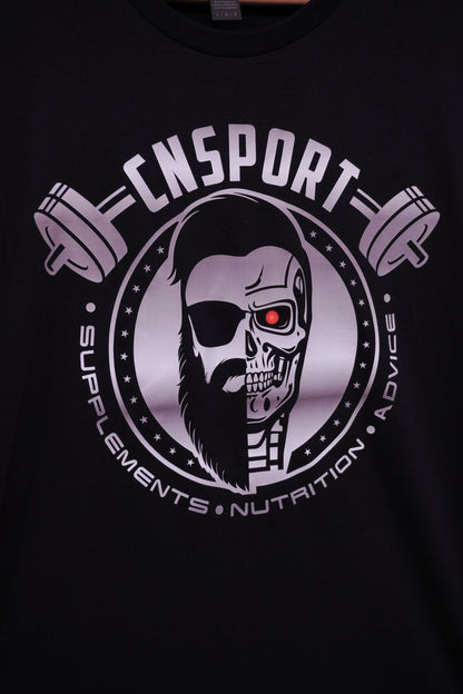 Close-up angled view of CNSport Terminator T-shirt graphic showing monochrome skull cyborg logo and red eye detail