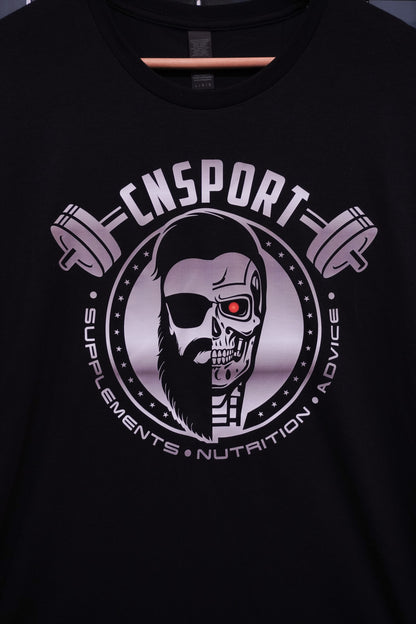 Front close-up of CNSport Terminator T-shirt print with barbell logo and supplements nutrition advice text