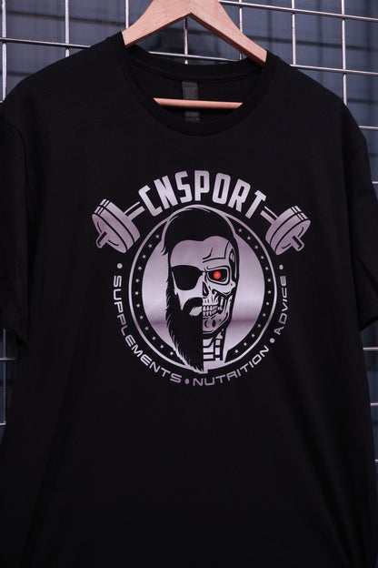 Detailed crop of CNSport Terminator T-shirt graphic featuring cyber skull design and CNSport branding