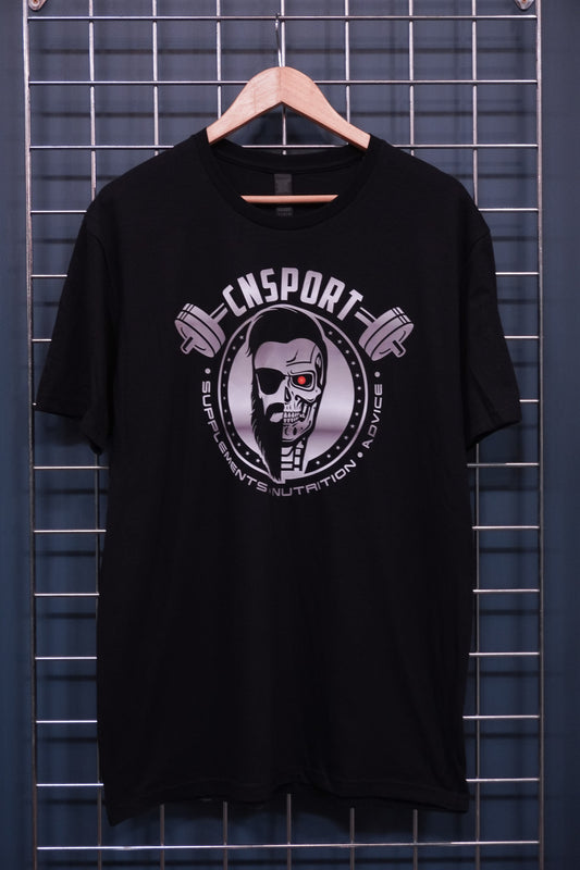 Full front view of black CNSport Terminator T-shirt hanging on metal grid display wall with large chest graphic design