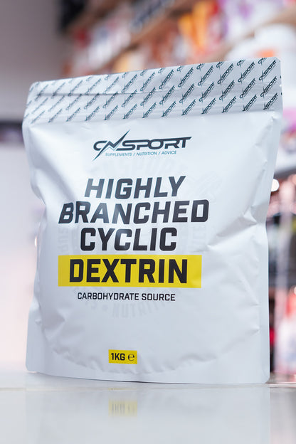 Front-facing image of CNSport Highly Branched Cyclic Dextrin 1kg pouch showing clean white packaging with bold black and yellow label design.