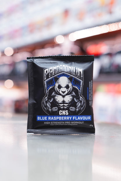 Front view of a CNSport Pandamonium Pre-Workout 27g Blue Raspberry flavour sample sachet featuring the muscular panda graphic with blue accents and product branding.