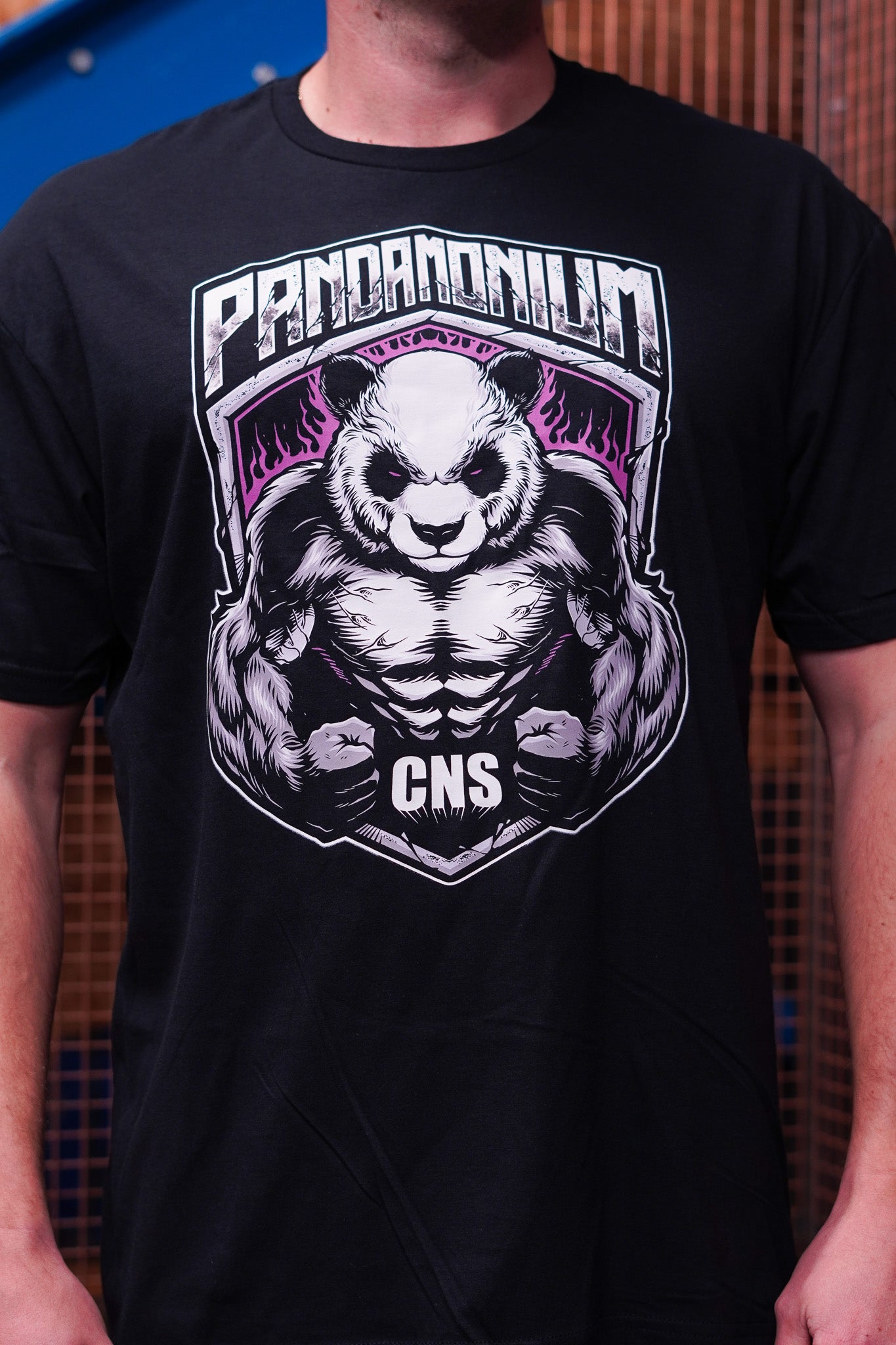 A person wearing a black Pandamonium T-shirt with a large muscular panda design highlighted by purple flame accents and the ‘PANDAMONIUM’ logo across the top.