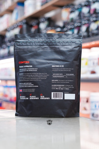 Back of Conteh Sports Creatine Pure Creatine Monohydrate 1kg bag showing supplement facts, directions for use and allergen information.