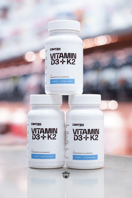 Front view of three Conteh Sports Vitamin D3 + K2 supplement bottles – one bottle stacked on top of two others, with clear product branding and label design.