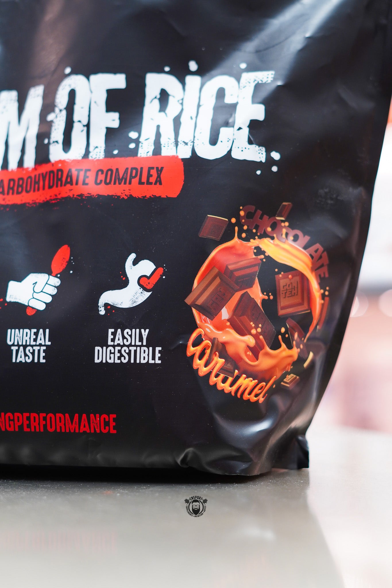 Conteh Sports Cream of Rice 2kg bag in Chocolate Caramel flavour, featuring chocolate and caramel graphics on the packaging.